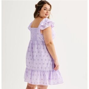 NWT SO Juniors Plus 1X Lavender Flutter Sleeve Eyelet Babydoll Dress, Lilac